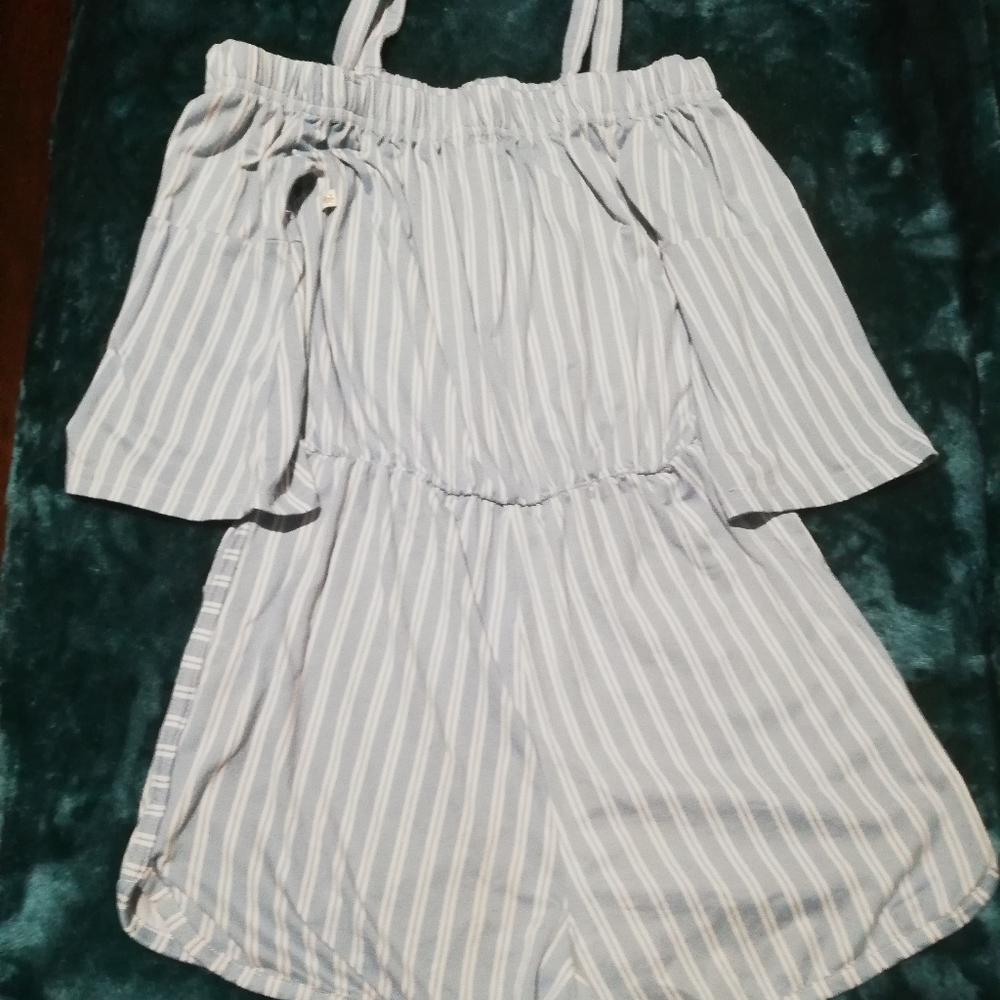 White and blue striped jump suite